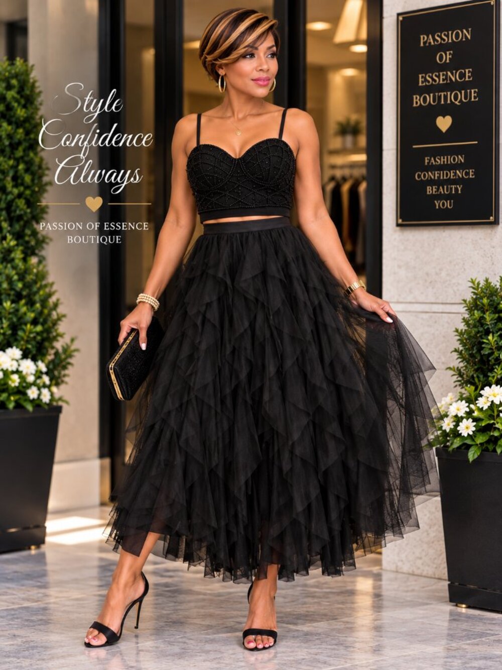 Black Layered Tulle Maxi Skirt A-Line Ruffle Formal Skirt